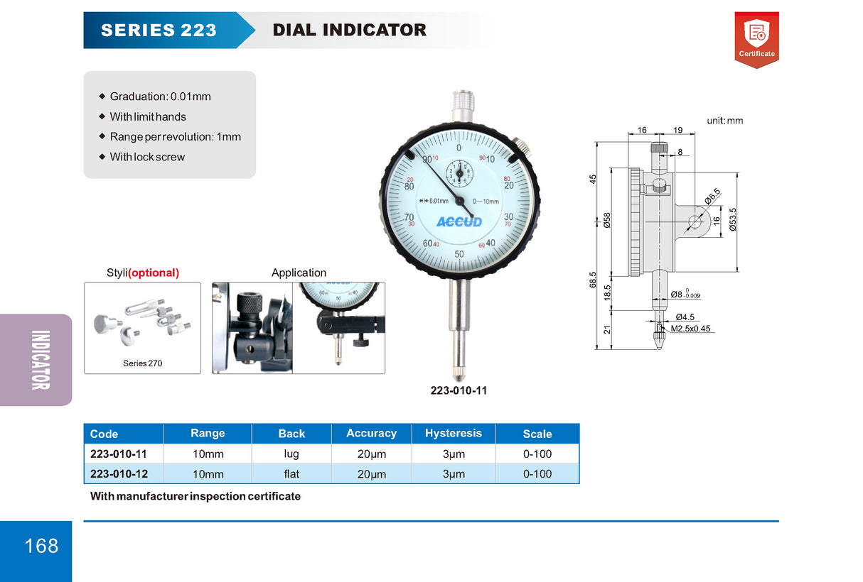 Relógio Comparador 223 0-10mm Graduação 0,01mm Tampa Plana ou C/Orelha