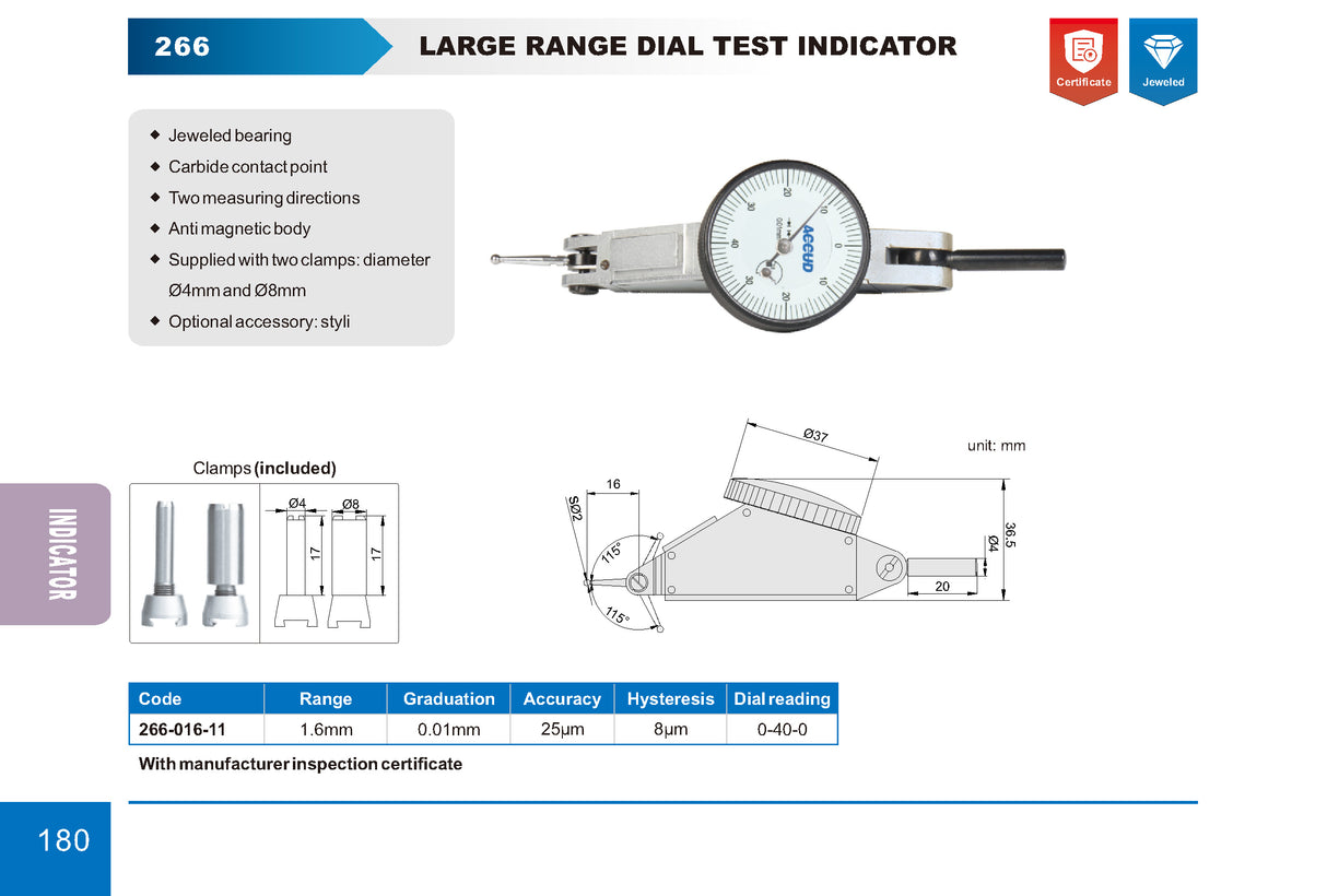 Relógio Apalpador com Curso Longo 266 1,6mm Graduação 0,01mm