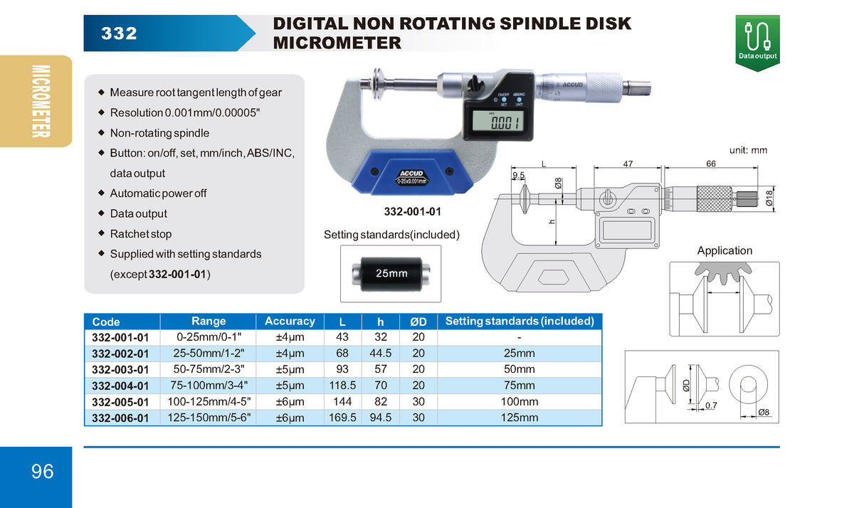 Micrômetro Digital c/ Disco p/ Engrenagem (Fuso Não Giratório) 332 0 até 150mm